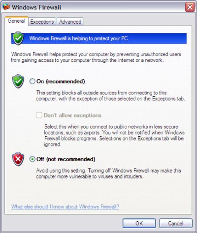 Set Windows Firewall to off